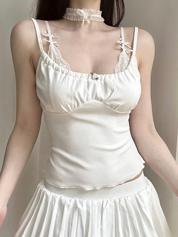 Sonicelife Fairycore Grunge Y2k White Camisole Women Sexy Pastel Goth Soft Sweet Cute Lace Patchwork Corset Crop Tank Tops Female