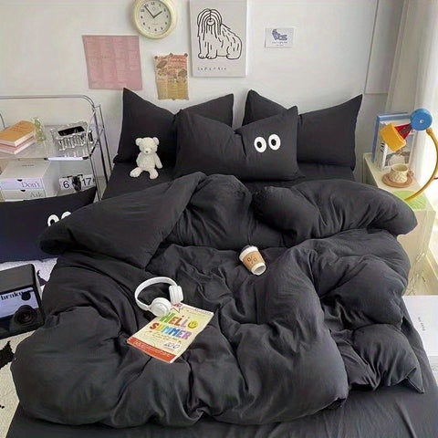 Sonicelife Cute Duvet Cover Set with Sheet Pillowcase No Filler Warm Solid Color Bed Linen Full Queen Size Korean Big Eyes Home Bedding Set