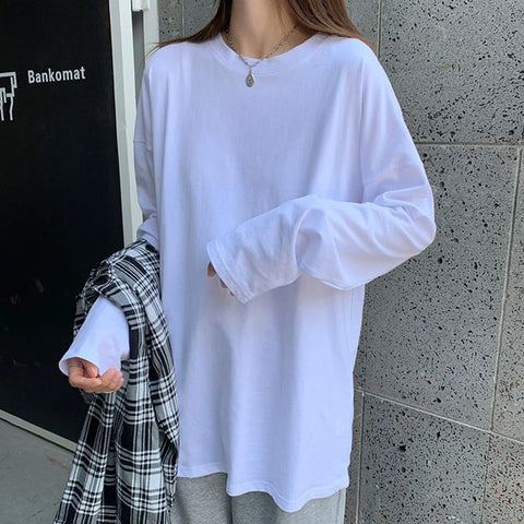 Sonicelife 100% Cotton Long Sleeve T Shirt Women Black Fashion Korean All Match Oversized Tee Autumn Streetwear Casual Loose Bf Female Tops