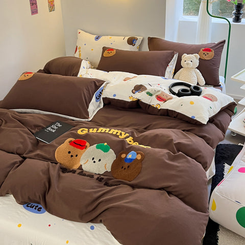 Sonicelife Mocha Bear Embroidery Bedding Set Twin Queen Duvet Cover Set Pillowcases for Adult Kids Bed Flat Sheet Cute Quilt Cover Kawaii