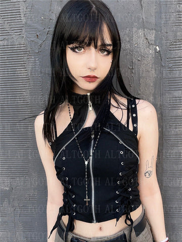 Sonicelife Harajuku Dark Goth Vest Women Cyber Punk Streetwear Bandage Hollow Out Corset Crop Tank Tops Emo Alternative Rave Outfit