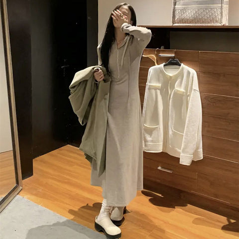 Sonicelife Elegant Hooded Long Sleeve Dresses Women Autumn Winter Fashion Slim Knitted Solid Dresses Korean Casual All Match Long Vestidos