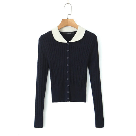 christmas outfit Sonicelife Women Contrast Color Lapel Collar Cable Twist Knitted Cardigan Center Buttons Sweater Full Sleeve Short Jumper Navy