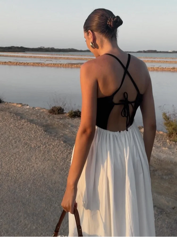 Sonicelife Women Contrasting V Neck Sling Dress Elegant Sleeveless Backless Lace Up High Waist Vestidos New Summer A-line Long Dresses 2025