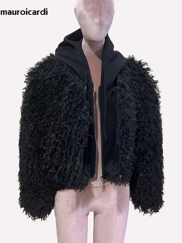 christmas outfit Sonicelife Spring Winter Short Oversized Black Fuzzy Thick Warm Faux Fur Coat Women Fluffy Jacket Furry Hoodie Streetwear 2025