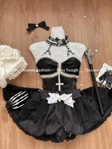 Sonicelife Women Lace Top + Blakc Cake Mini Skirt + Sleeve Cosplay Vintage Clothing Black Gothic Lolita Suits Y2k Halloween 2 Piece Set