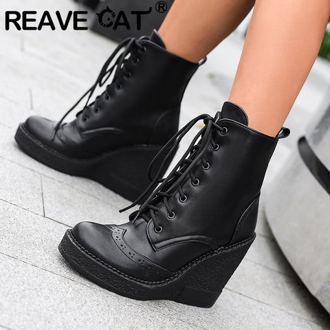 thanksgiving outfit Sonicelife Women Ankle Boots Round Toe Wedges High Heel 12cm Platform 2.5cm Lace Up Short Bota Size 42 43 44