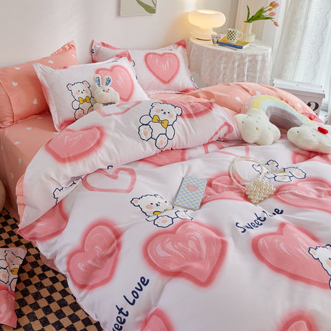 Sonicelife Cute Bear Bedding Set Girls Boys Kids Single Double Size Flat Sheet Duvet Cover Pillowcase Bed Linens White Blue Home Textile