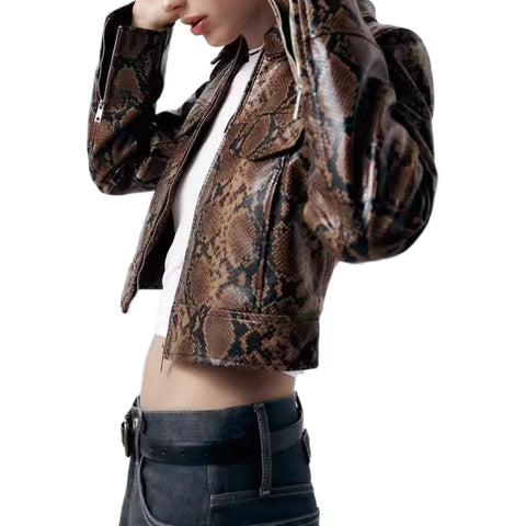 Sonicelife Women's new imitation leather coat long sleeve zipper snake print fashion casual top leather jacket
