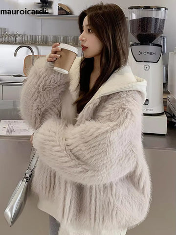 christmas outfit Sonicelife Spring Winter Hairy Shaggy Soft Thick Warm Faux Fur Coat Women with Hood Fluffy Jacket Fake 2 Piece Clothes 2025