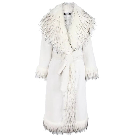 christmas outfit Sonicelife Winter Long White Thick Warm Luxury Elegant Fluffy Faux Fur Coat Women with Fake Fox Fur Trim Sashes Furry Overcoat