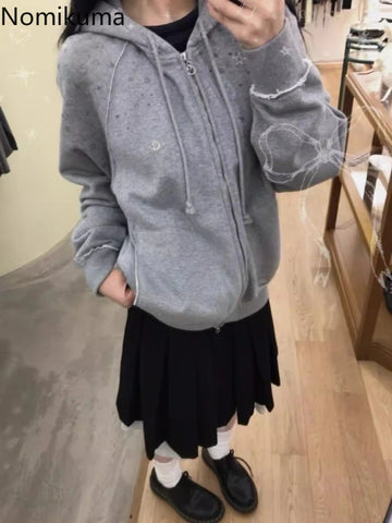 Sonicelife Streetwear Hoodies Coat 2025 Women Clothing Hooded Zipper Bow Print Sweet Jackets Y2k Tops Casual Fashion Sweatshirts Ropa Mujer