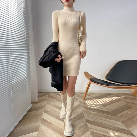 Sonicelife Mock Neck Solid Slim Sweater Dress Long Sleeve Knit Sexy Bodycon Dress Basic Casual Dress for Women Autumn Winter