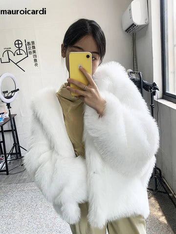 christmas outfit Sonicelife Winter Oversized Black Warm Shaggy Hairy Faux Fox Fur Coat Women with Hood Bat Sleeved White Korean Fashion 2025