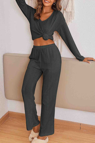 Sonicelife V Neck Ribbed Long Sleeve Two-Piece Set