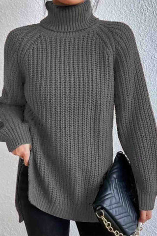 Sonicelife Raglan Sleeve Turtleneck Slit Mid-Length Sweater