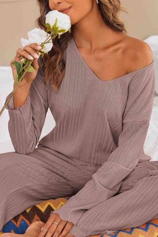 Sonicelife V Neck Ribbed Long Sleeve Two-Piece Set