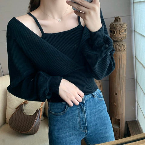 Black Friday Sonicelife Autumn Fake Two-Piece Sweater Women Knitted Solid Slim Long-Sleeved Pullover Fashion Casual Sweet Pretty Style Female Tops