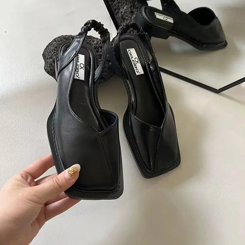 Sonicelife Fashion Ladies Elastic Band Flat Heel Women Summer Elegant Ladies Sandals Shallow Party Shoes Square Heel Square Toe