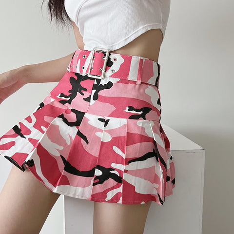 Sonicelife Summer Women Camouflage Pleated Mini Skirts Dance Lady School High Waist Belt Pink Camo Pleated Skirt Cosplay A Line Cute Skirts