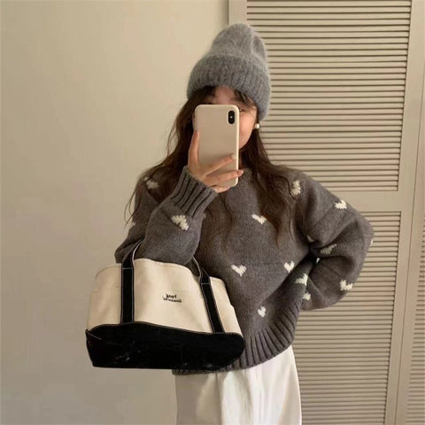 christmas outfit Sonicelife Love jacquard sweater for women in autumn and winter, loose, soft, lazy, high-end  short knitted sweater for little people