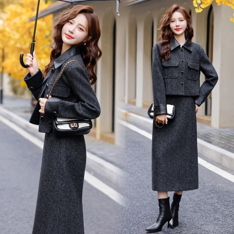 thanksgiving outfit Sonicelife Fashionable Casual Suit Autumn/Winter New PU Leather Patchwork Tweed Style Down Jacket Half Skirt 2-Piece Set Skirt YJ6816