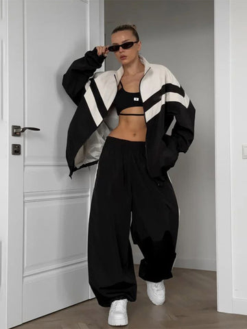 Sonicelife Contrast Zipper Women Coat Pants Sets Oversize Sports Long Sleeve Jacket Wide Leg Elastic Waist Pants Suits 2025 Autumn Outfits