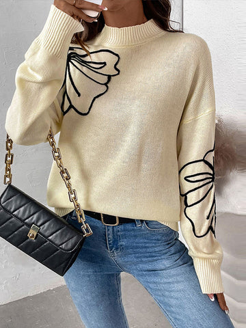 Black Friday Sonicelife Casual Knitted Turtleneck Sweaters Women Retro Loose Flower Printed Pullover Sweater Female Autumn Thin Chic Versatile Tops