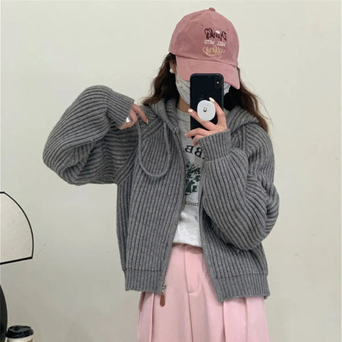 Black Friday Sonicelife Autumn Casual Knitted Cardigan Women Korean Chic Solid Long Sleeve Zipper Sweater Fashion All Match Preppy O Neck Outwear