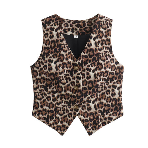 Sonicelife Women's Vest 2024 Fashion Leopard Summer V-Neck Single-breasted Vest Top Ladies Casual Cropped Sleeveless Coat New In Vests