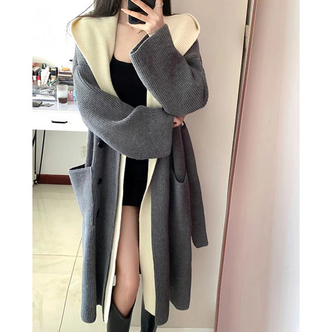 Black Friday Sonicelife Fake Two-Piece Knitted Cardigan Women Hooded Patchwork Korean Fall Sweater Fashion Loose Casual High Street Big Pockets Jumpers