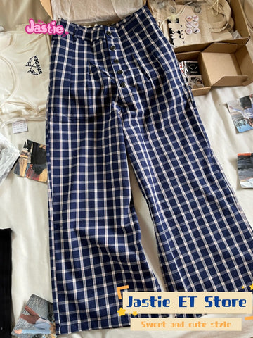 Sonicelife Navy Blue Plaid Fashion Wide Leg Pant Single Breasted Versatile Streetwear Women Trouser Spring Summer Retro Y2K Female Bottoms
