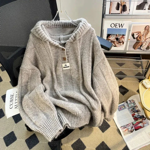 Black Friday Sonicelife Korean Knitted Hooded Sweater Women Fall Winter Long Sleeved Warm Buttons Loose Pullover Solid Harajuku Lazy Sprots Sweatshirt