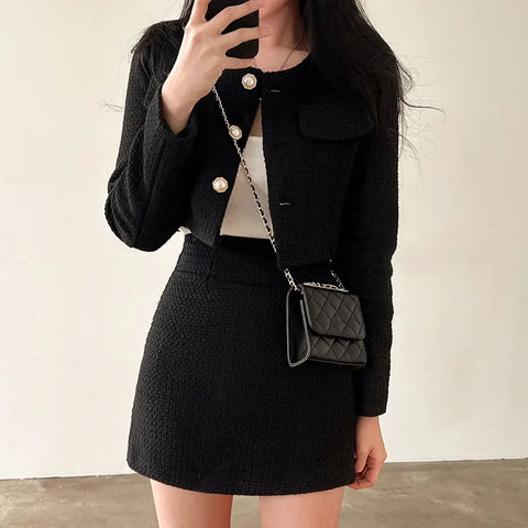 Sonicelife Jacket and A-line Mini Skirt Set Fall Winter Women Outfits Women Tweed 2 Two Piece Sets Long Sleeve Pearl Buttons Short