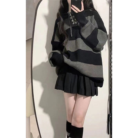 Sonicelife Streetwear Striped Sweater Women Oversized Knitted Pullovers Harajuku Korean Loose Knitwear Winter Fashion Casual Jumpers New