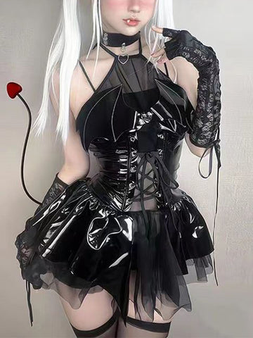 Sonicelife Sexy Cosplay Pu Dress Women Harajuku Streetwear Grunge Bandage Hollow Out Bats Dress Punk Y2k E-girl Mall Gothic Clothes