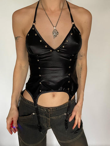 Sonicelife Harajuku Cyber Punk Pu Camis Women Dark Gothic Streetwear Grungen Emo Alt Backless Rivets Halter Crop Tank Tops Female