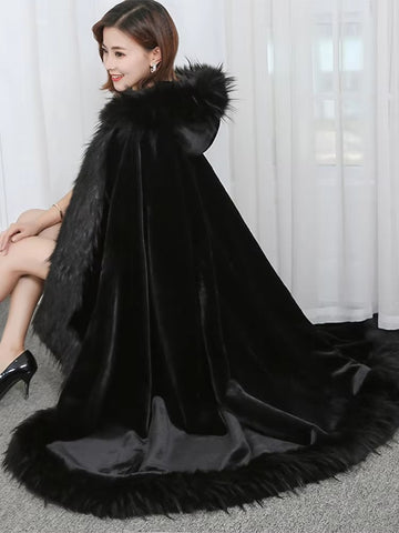 christmas outfit Sonicelife Winter Elegant Luxury Extra Long Oversized Thick Warm Black Faux Fur Cloak Poncho Coat Women with Fake Fox Fur Trim