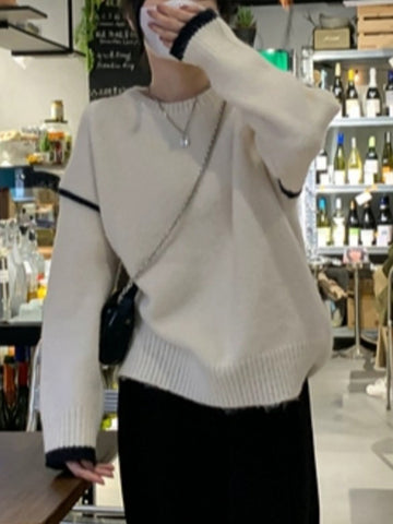 Black Friday Sonicelife Casual Knitted Contrast O-neck Sweater Women Loose Warm Pullover Sweaters Female Korean Autumn Chic Daily Street Outwear