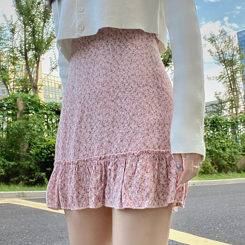 Sonicelife Sweet Pink Floral Mini-Skirt Femme Summer Elegant Fashion Streetwear Ruffle Holiday Skirt Women High Waist Faldas Y2K Vintage
