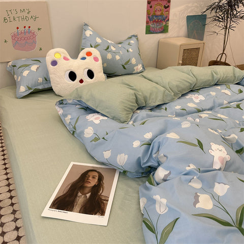 Sonicelife Floral Bedding Set Korean Style Twin Double Size Duvet Cover No Filling Pillowcases Sheet Fashion Boys Girls Gift Home Textile