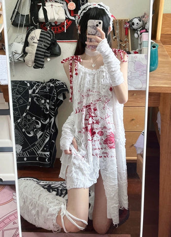 Sonicelife Harajuku Dresses Summer Women Clothing Lace Angle Drawstring Loose Kawaii Cute Girl Dress Sleeveless Sexy Korea Y2k Long Dresses