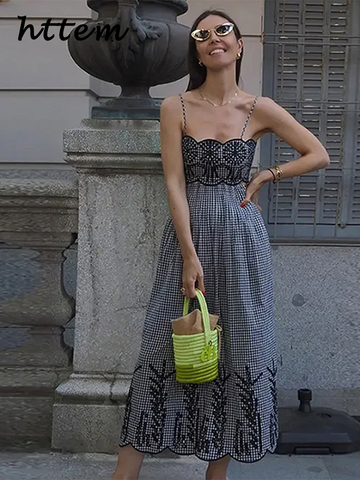 Sonicelife Plaid Embroidery Hollow Out Sling Dress For Women Sexy Backless Sleeveless Empire Female Dresses 2024 Summer Lady Beach Vestidos