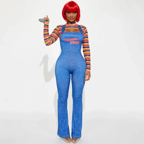Sonicelife Women Wanna Play Letter Print Overalls Imitation Denim Jumpsuits Romper Striped Long Sleeve Crop Shirt Halloween Cosplay Outfits