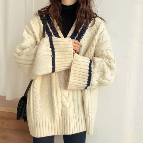 Sonicelife Oversize Sweet Women Sweaters Long Sleeve V Neck Vintage Lazy Wind Knitted Pullovers Korean Patchwork Casual Loose Jumper