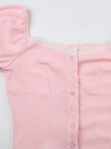 Sonicelife Puff Sleeve Pink Slim Short Sleeve Knits