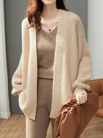 christmas outfit Sonicelife Long Sleeves Loose Solid Color Collarless Cardigan Tops