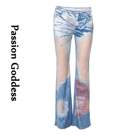 Sonicelife New Y2K Women Denim Printed Flare Pants Elastic Waist Slim Fit Trousers Bottoms Street Fashion Lady Wide Leg Flare Pants Summer