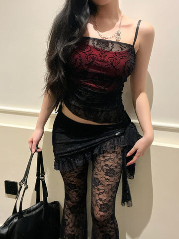 Sonicelife Fairy Grunge Gothic Flocking Camis Women Vintage Aesthetic Elegant Y2k Patchwork See Through Irregular Hem Crop Tank Top