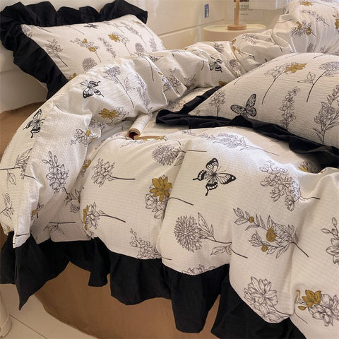Sonicelife Ins French Style Girls Heart Lace Bedding Set Bubble Wash Cotton Quilt Cover With Pillowcases Bed Sheet Set 4pcs